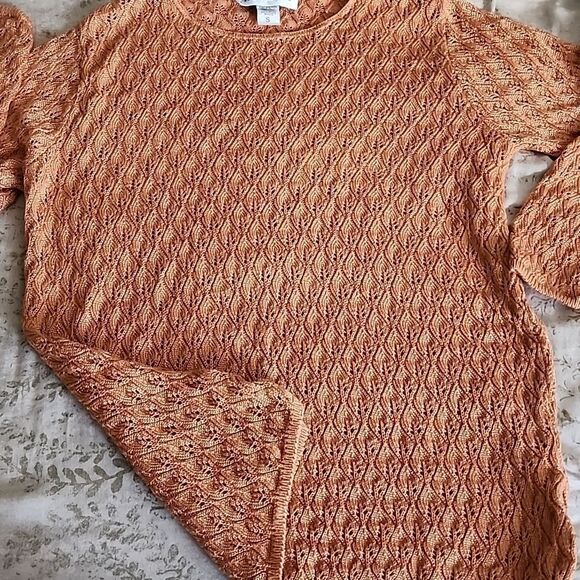 Rust Orange Cotton Rayon Open Knit Crochet Sweater Size S Fall Autumn - Picture 5 of 7